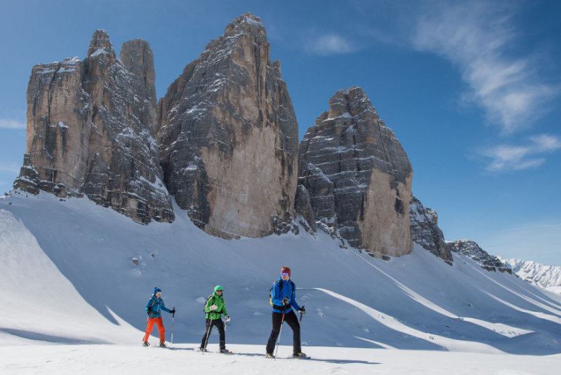Snow shoe hiking in the Dolomites of Sexten