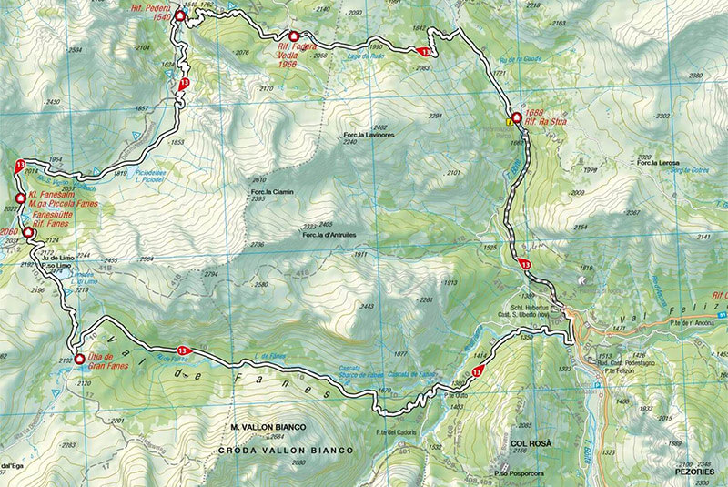 Cartina: Gita da sogno “Five Huts“ nel Parco Naturale Fanes Sennes