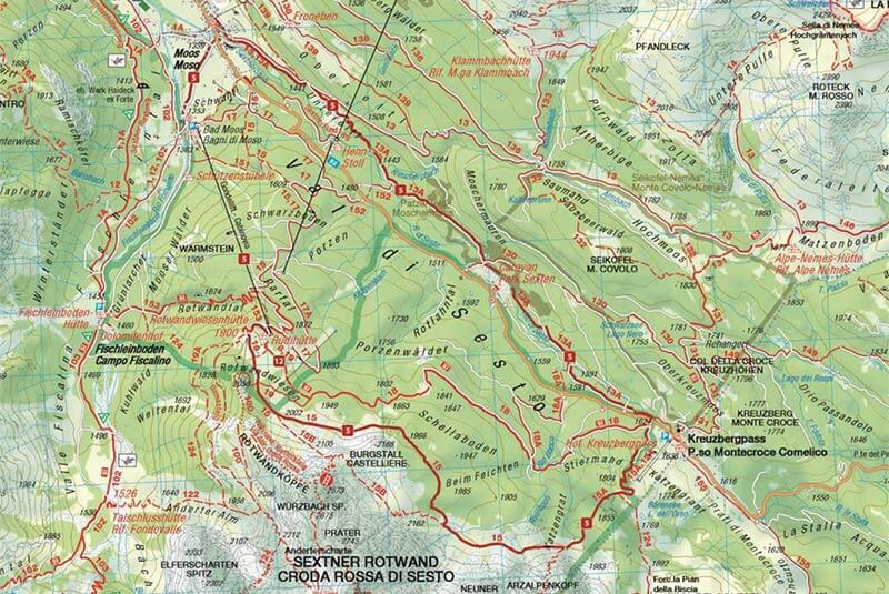 Hiking map: From the meadows of the Croda Rossa to the Passo Monte Croce