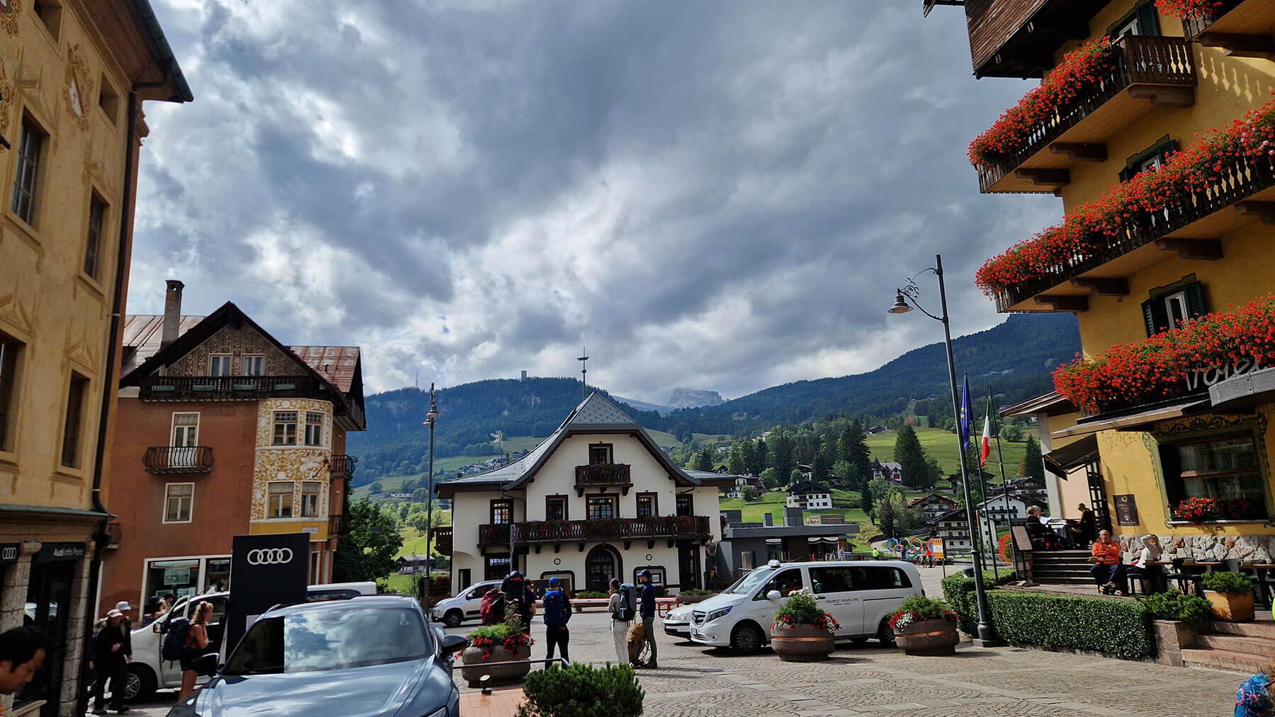Cortina d'Ampezzo pedestrian zone in the direction of Passo Giao