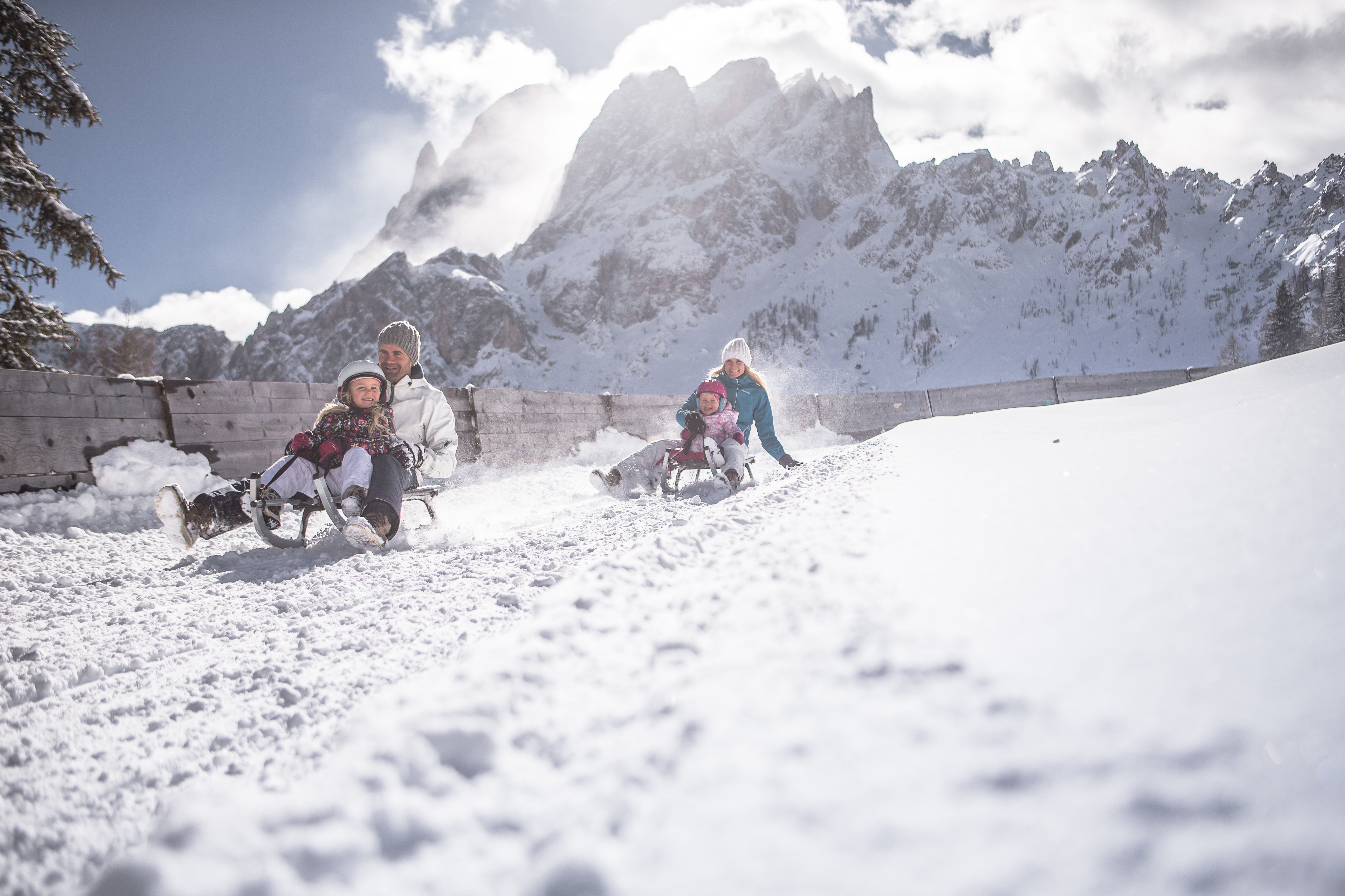 Tobogganing in the Dolomites of Sesto at the Croda Rossa